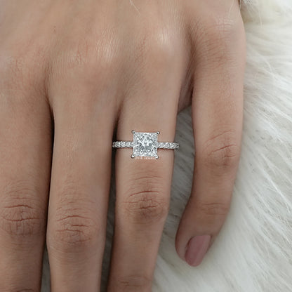 Princess Cut Lab Diamond Pave Set Solitaire Accent Ring