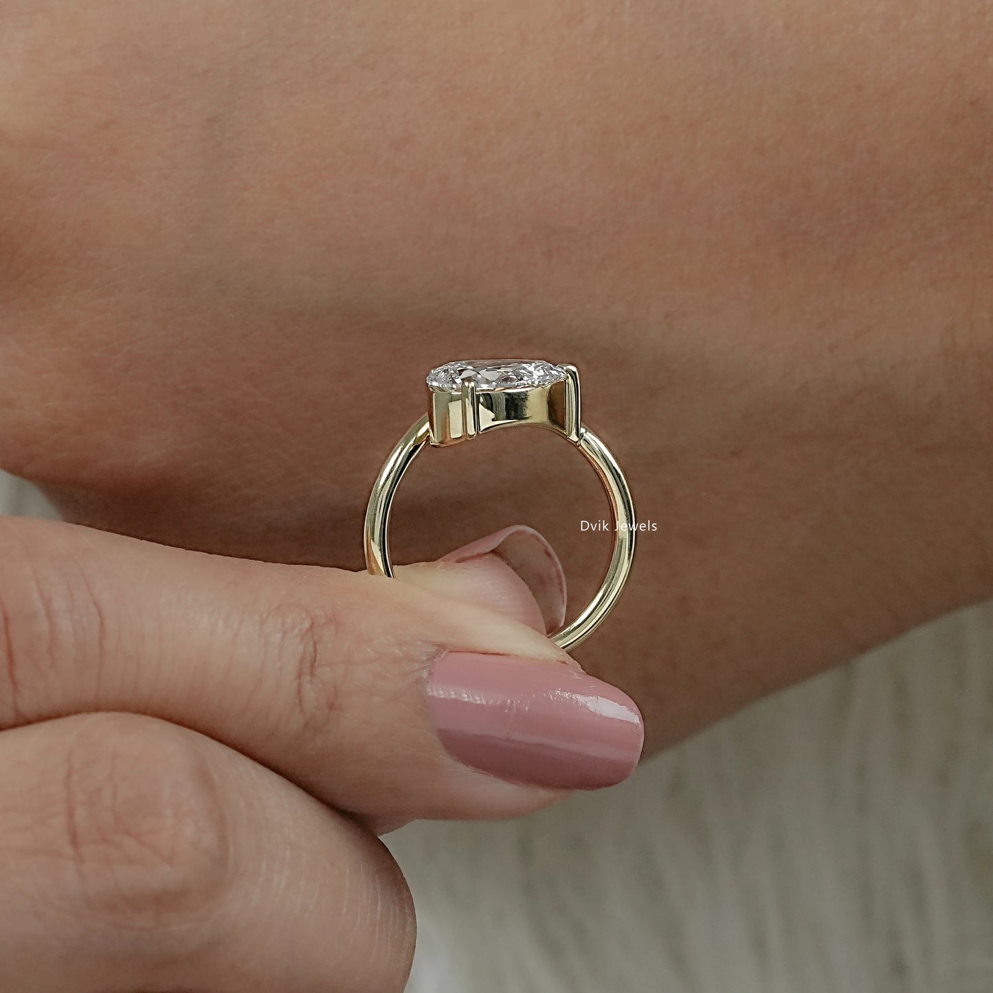 Pear Cut Lab Diamond Curved Solitaire Ring