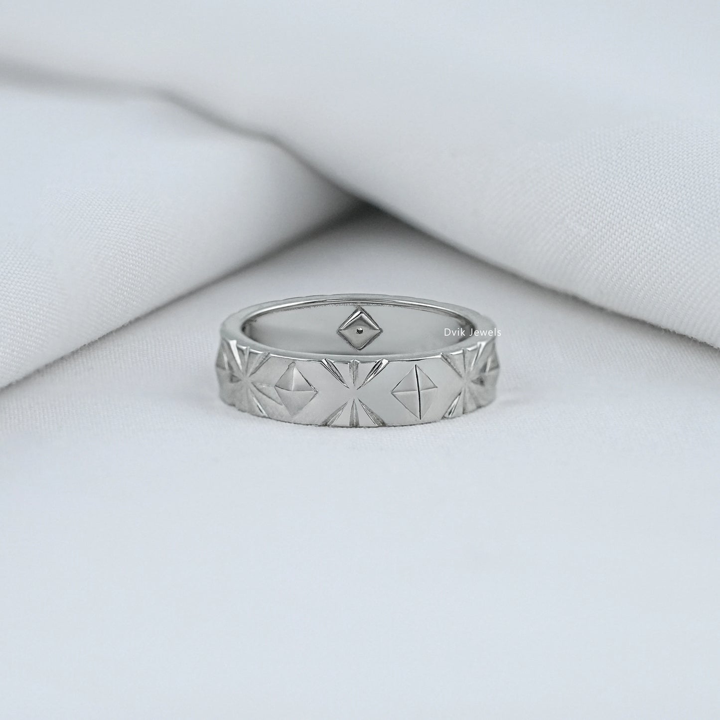 Engraved Wedding Band with Round Cut Diamond Band