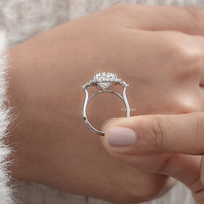 Cushion Cut Lab Diamond Three Stone Halo Engagement Ring
