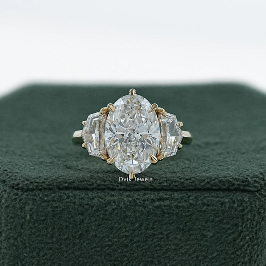 Three Stone Oval And Cadillac Lab Diamond Ring