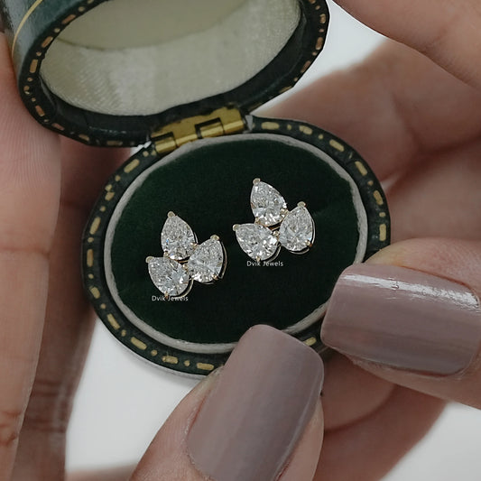 Pear Shaped Lab Diamond Three Stone Stud Earrings
