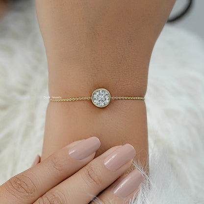 Lab grown diamond chain bracelet yellow gold bezel on wrist