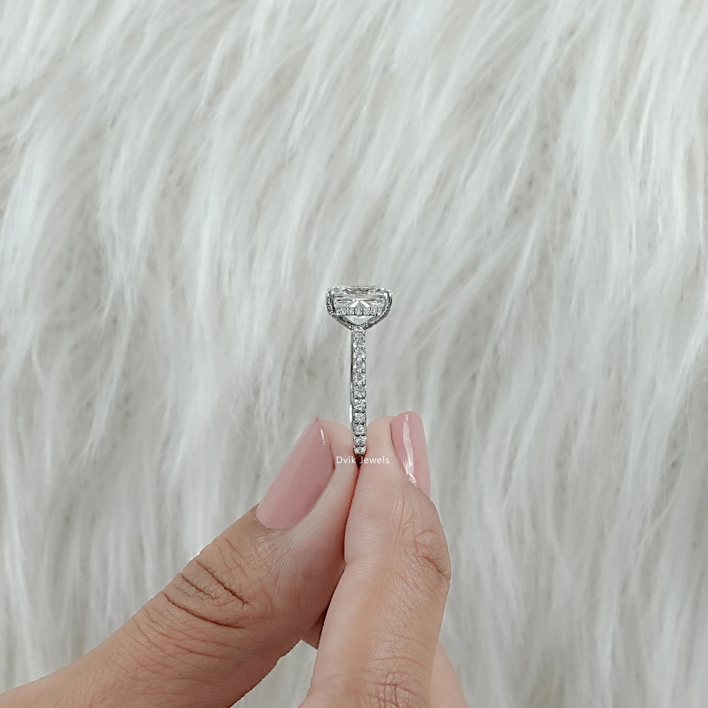 Cushion Cut Lab Diamond Engagement Ring With Pave Band