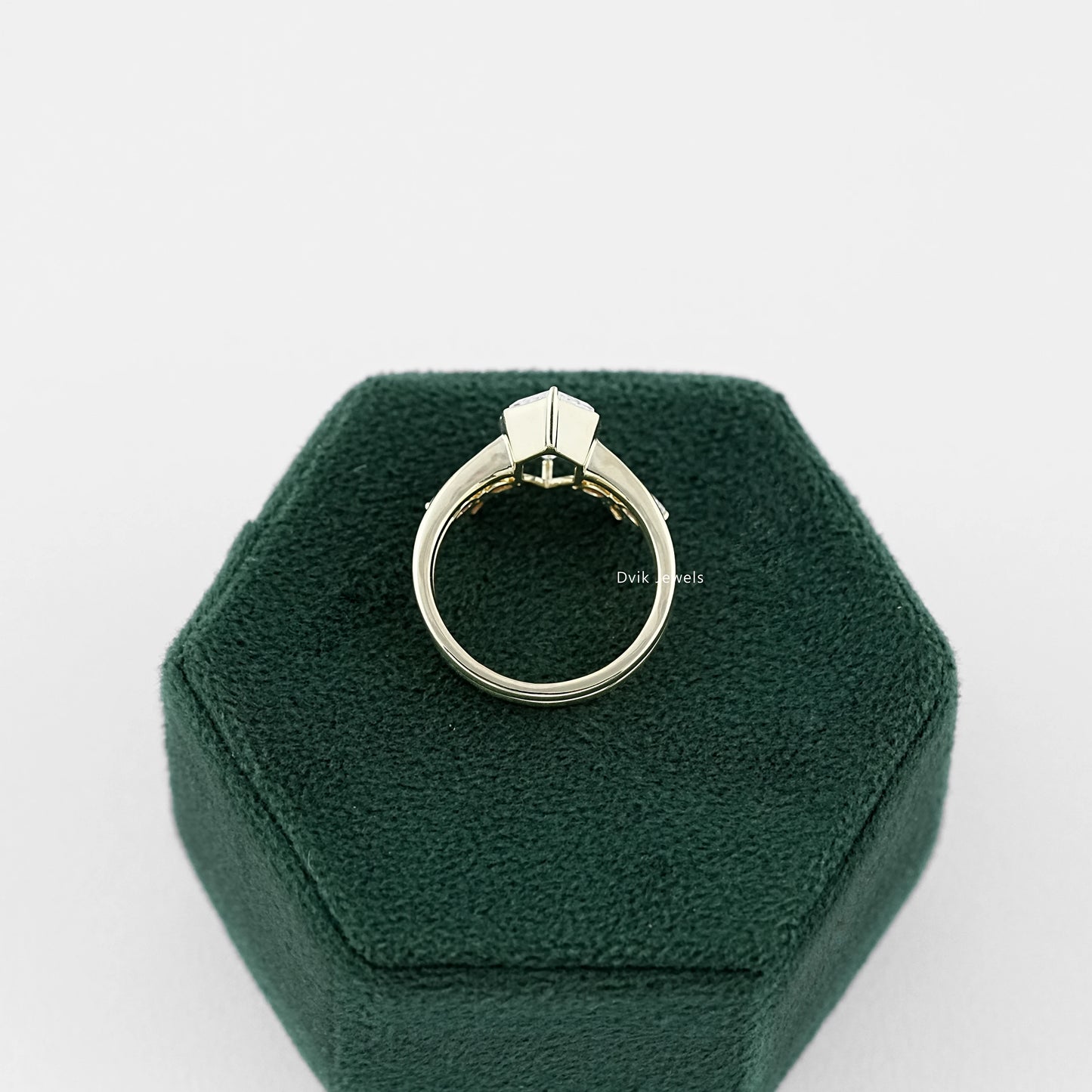 Dutch Marquise Cut Bridal Set Ring with Round accents from side angle on box