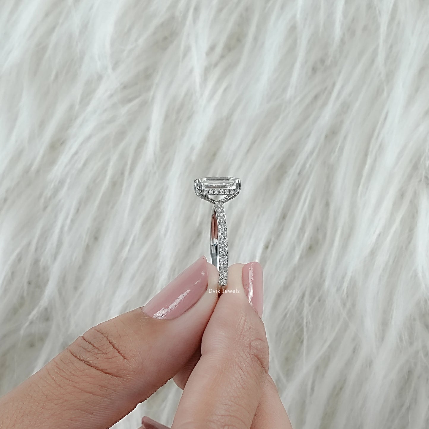 Emerald Cut Lab Diamond Hidden Halo Solitaire Accent Ring