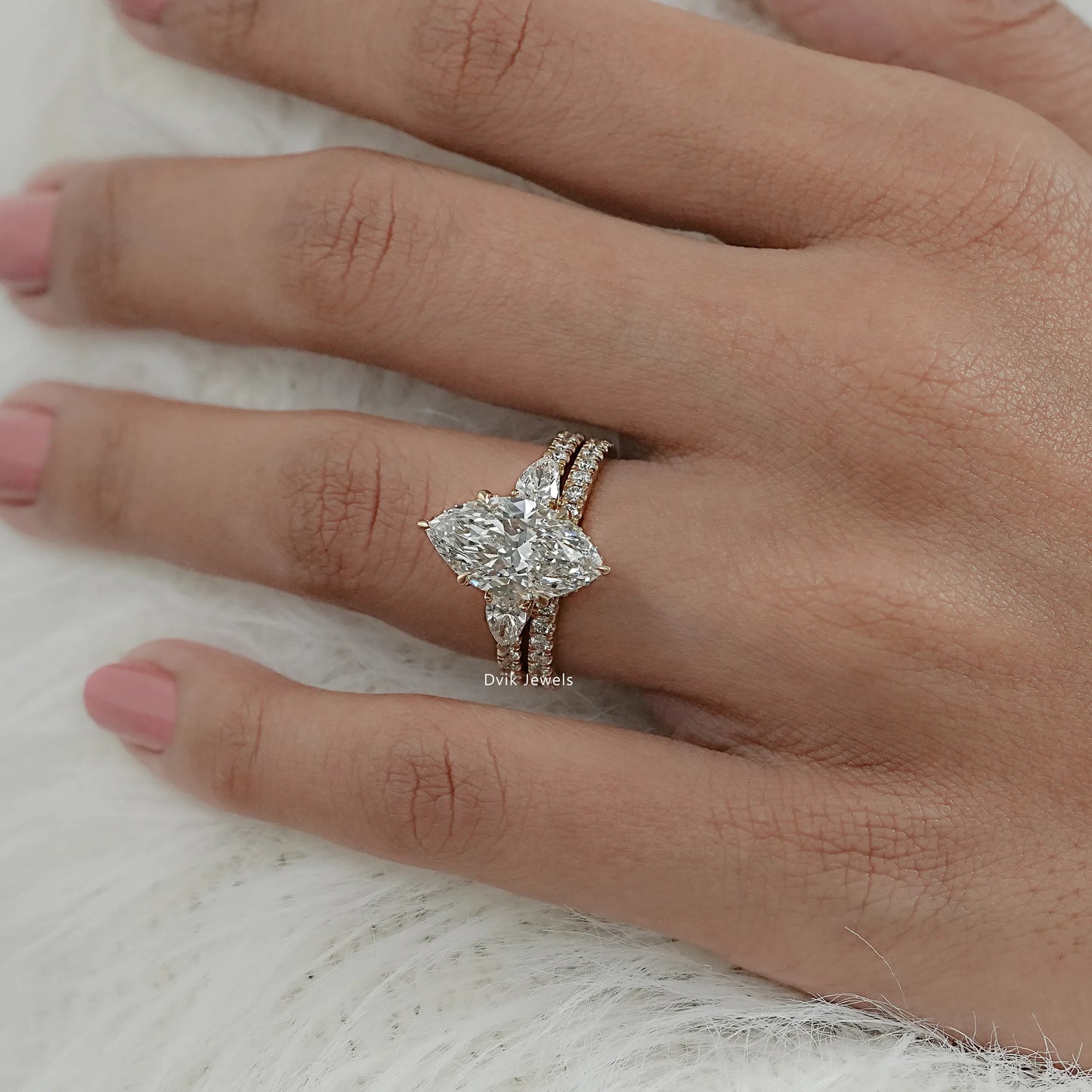 Women wear marquise diamond double band wedding set with lab created diamond