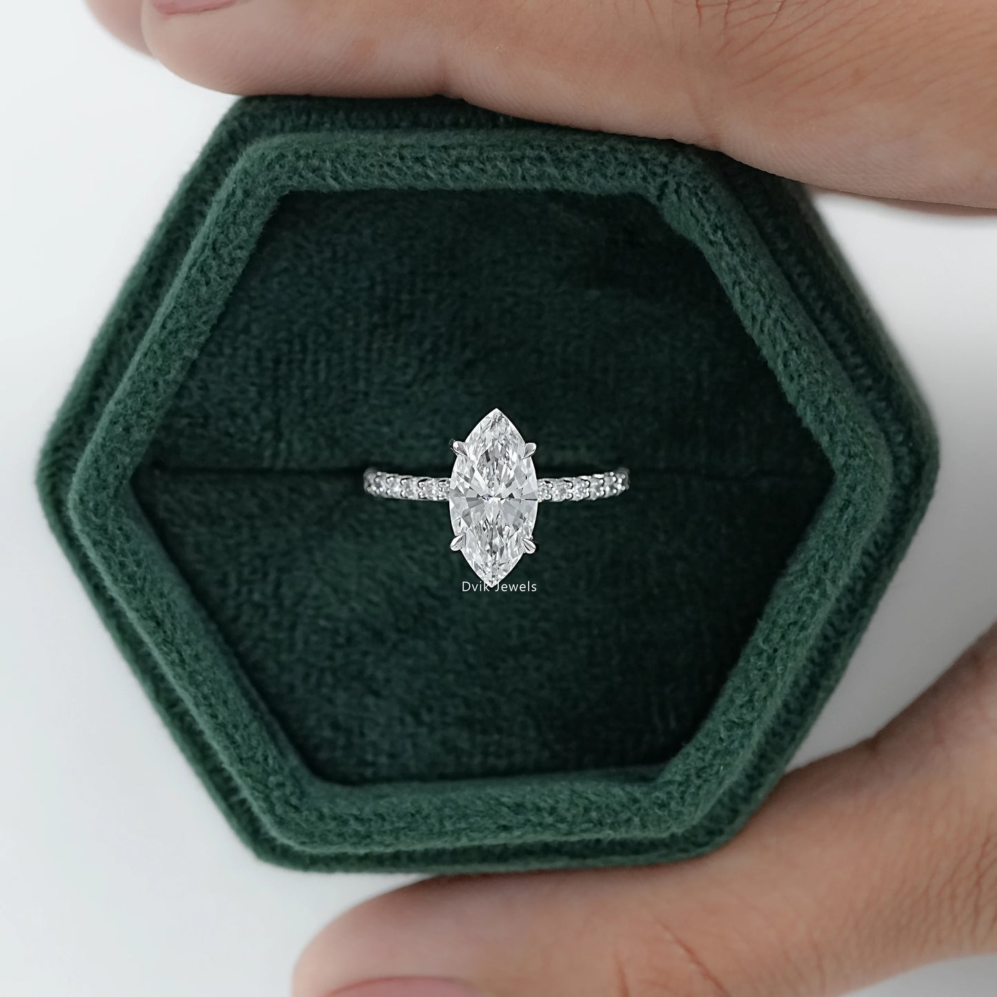 Marquise Cut Lab Diamond Engagement Ring with Pave Band