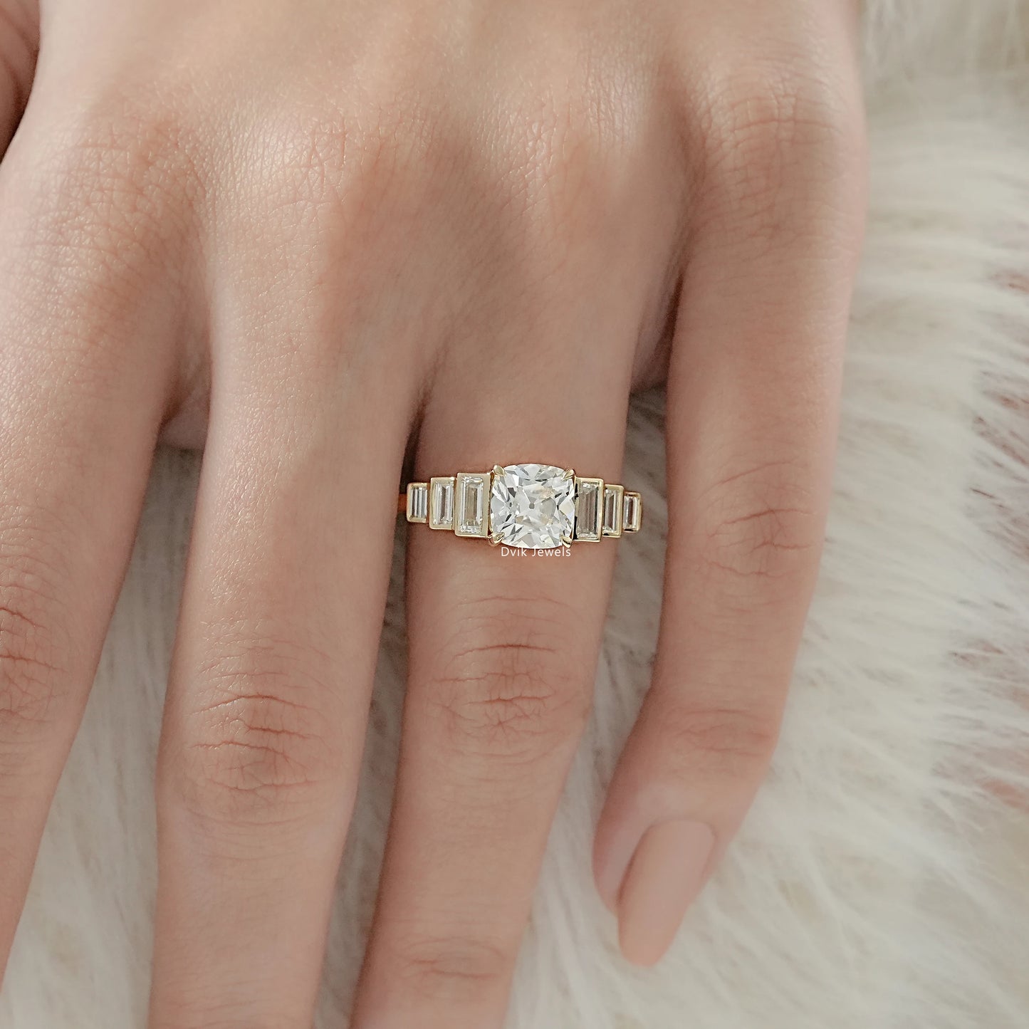 Square Old Mine Cushion Cut Lab Diamond Five Stone Ring