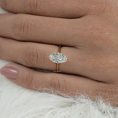 Model wearing old mine moval engagement ring with gia certified lab grown diamond