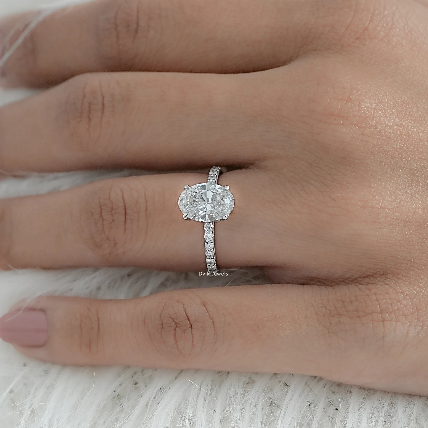 Oval Cut Lab Diamond Engagement Ring with Pave Band