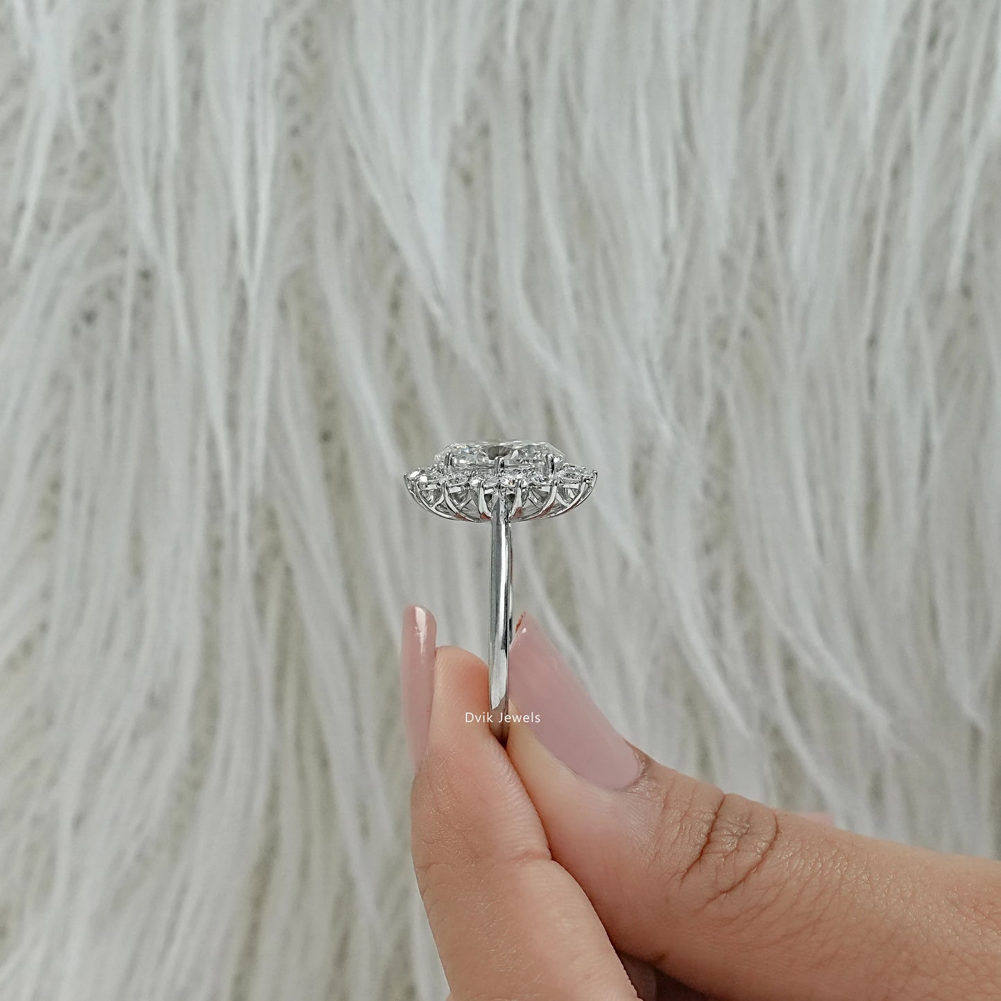 Oval lab grown diamond ring floral halo engagement ring profile view