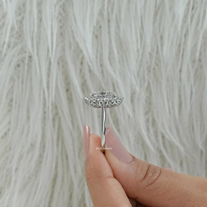 Oval lab grown diamond ring floral halo engagement ring profile view