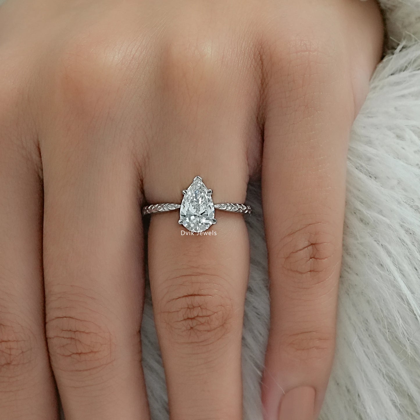 Pear Cut Lab Diamond Solitaire Ring With Engraved Band Ring