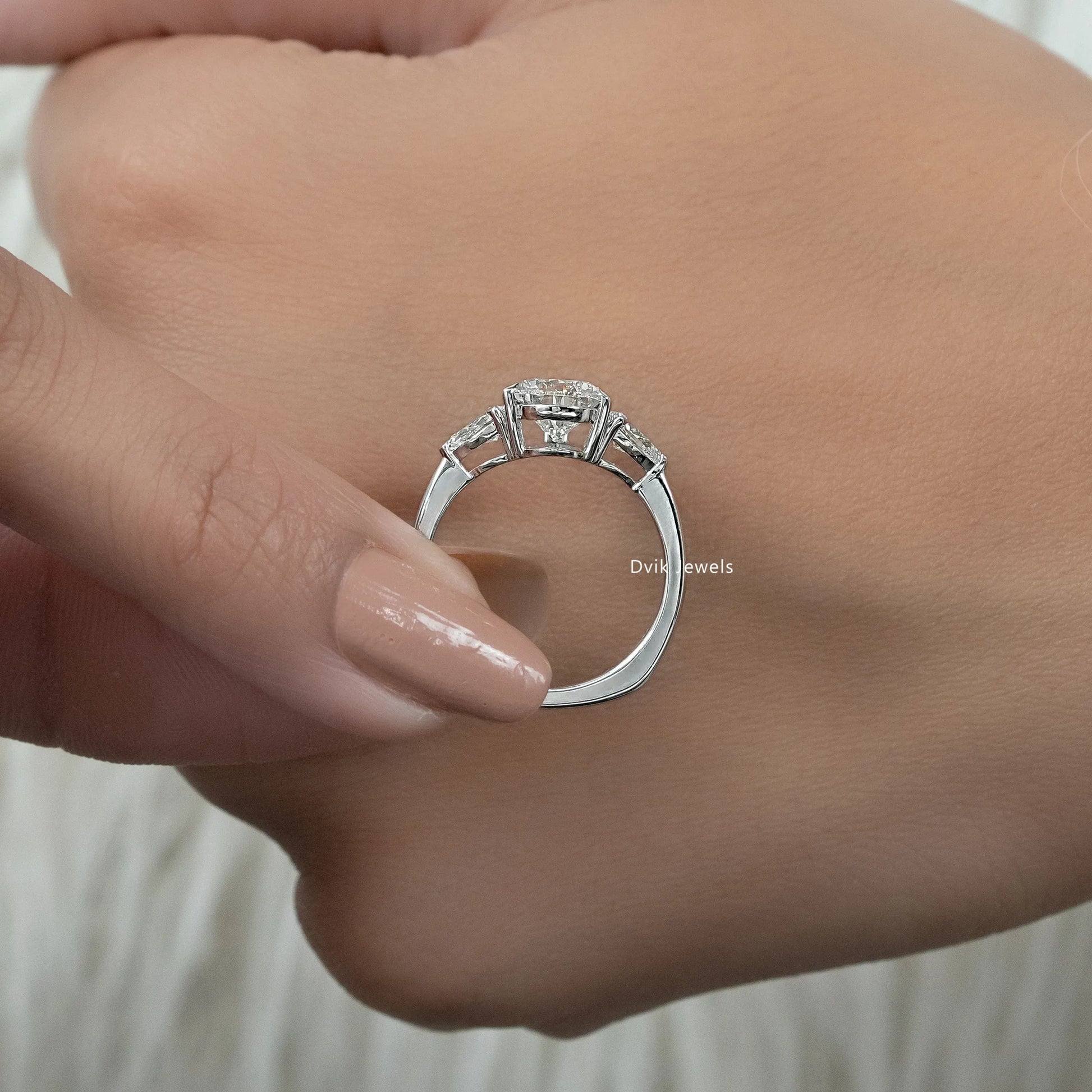 Three Stone Pear Cut Lab Diamond Engagement Ring Ring
