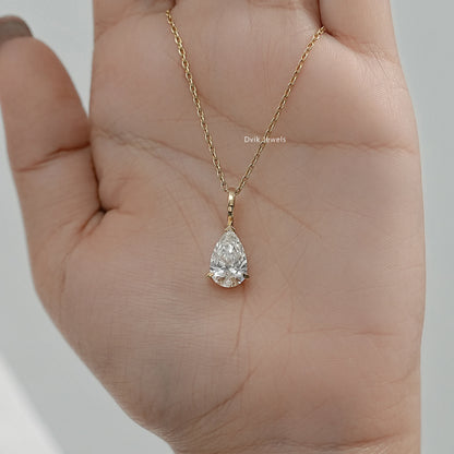 Handheld view of solitaire pear diamond necklace with secure prong setting