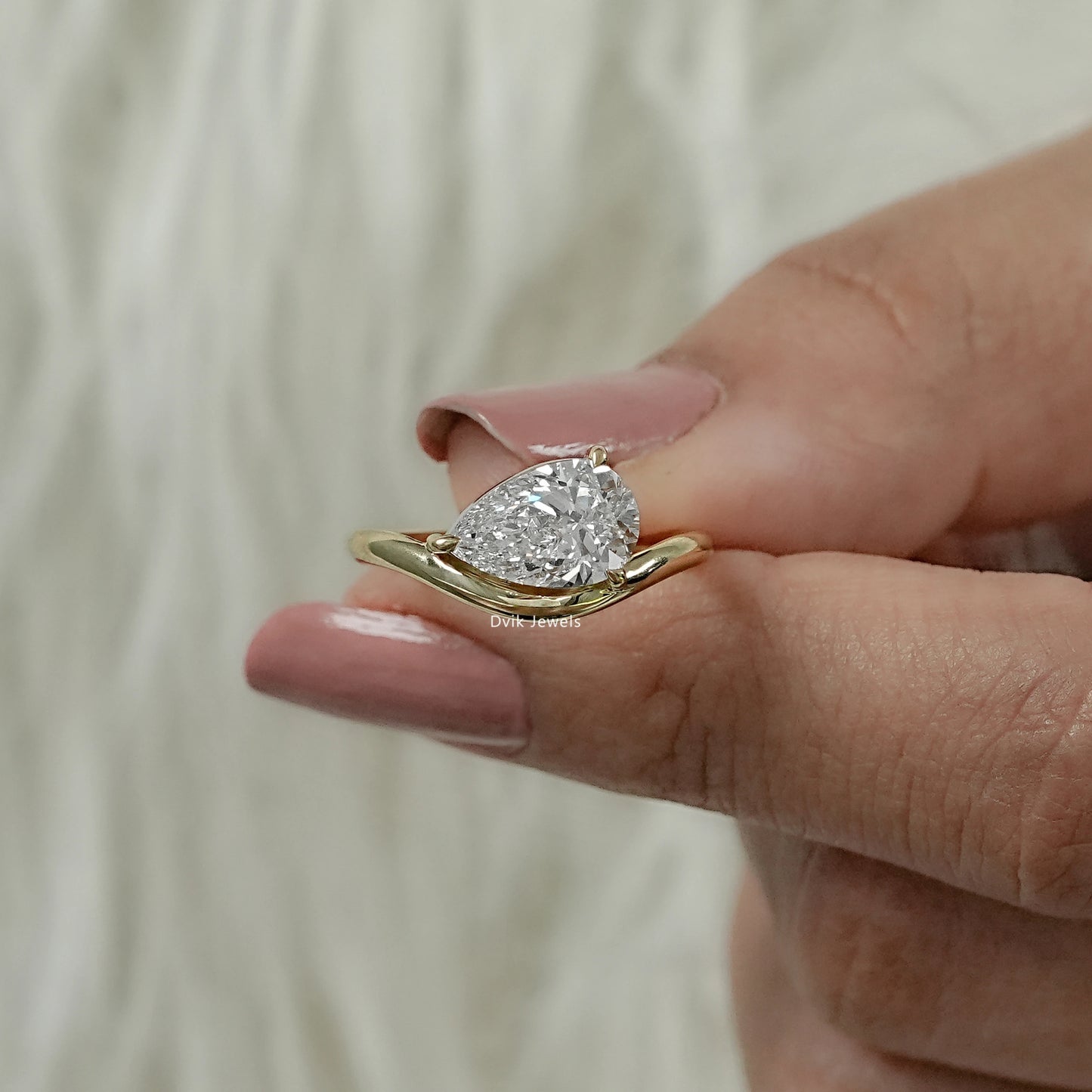 Pear Cut Lab Diamond Curved Solitaire Ring