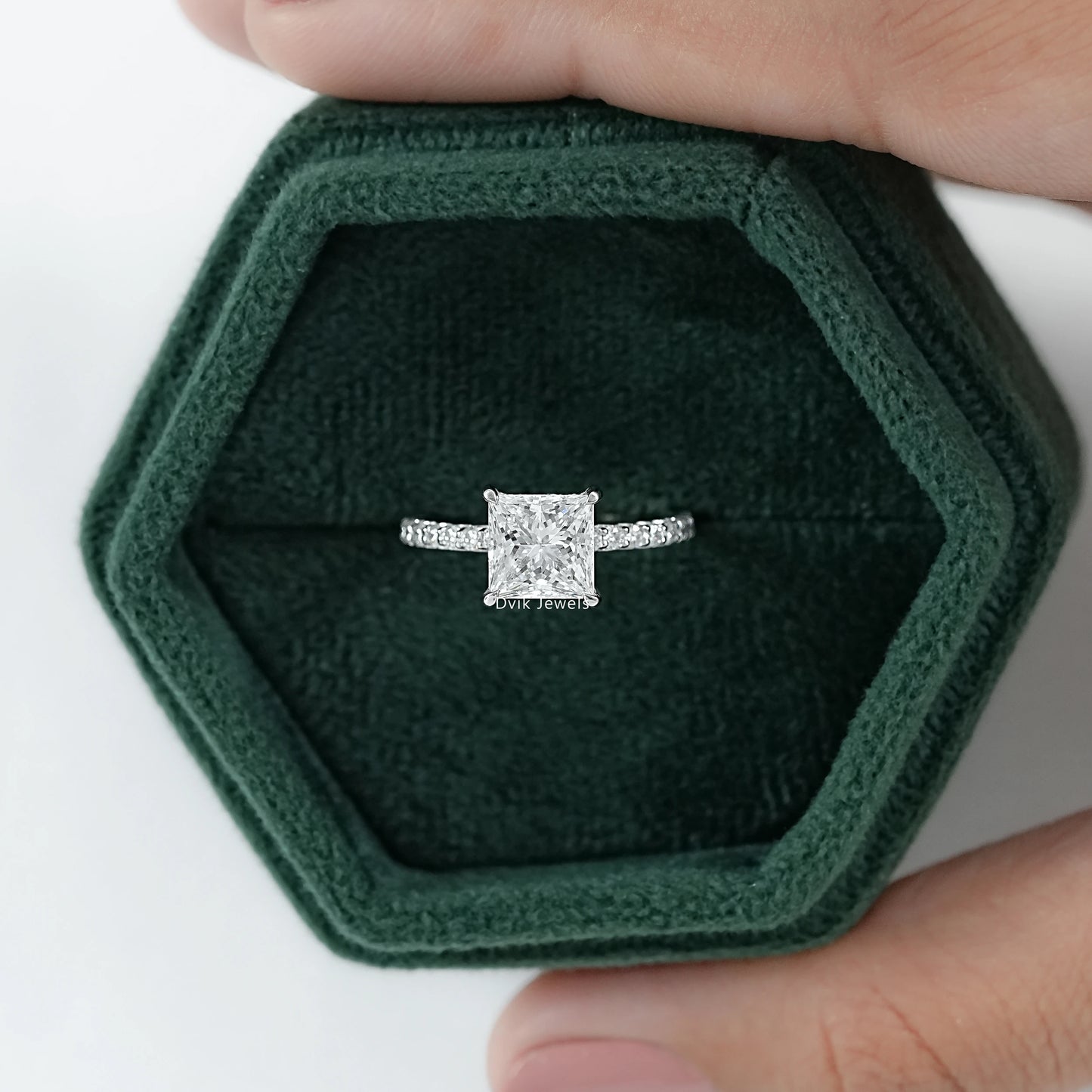 Princess Cut Lab Diamond Pave Set Solitaire Accent Ring