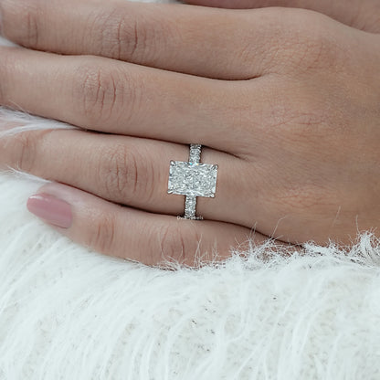Pave band Radiant Cut Lab Diamond Engagement Ring showcased on model hand
