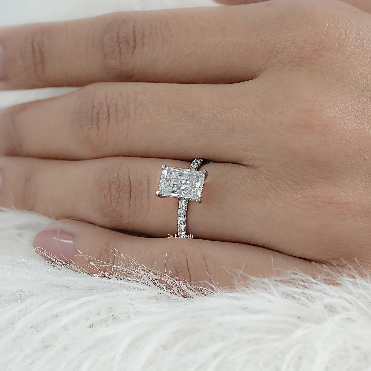 Radiant Cut Lab Diamond Hidden Halo Solitaire Accent Ring