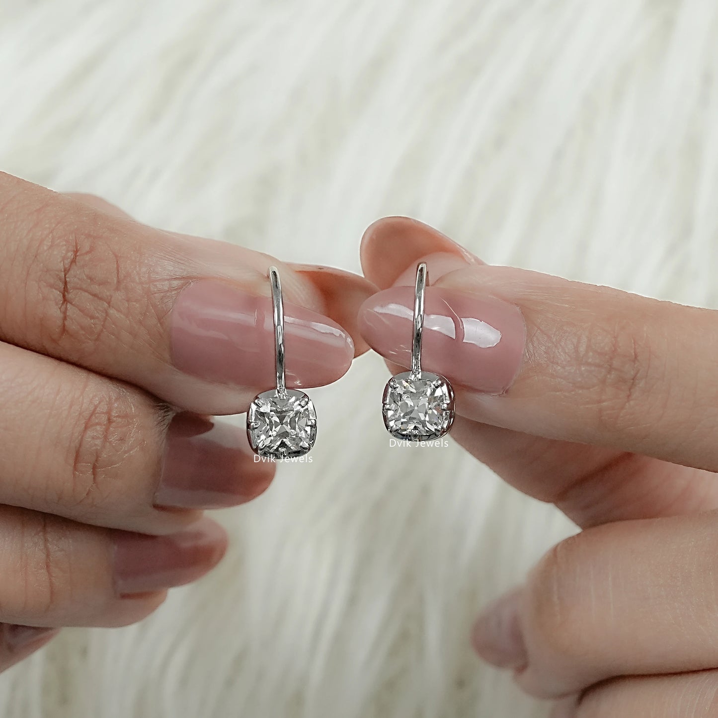 Old Mine Cut Square Cushion Diamond Leverback Earrings