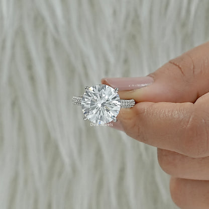 Lab grown round diamond engagement ring with side diamonds Finger view