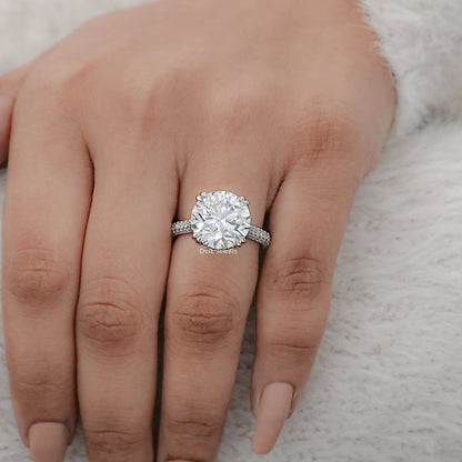 Round Cut Hidden Halo Engagement Ring with Pave Band