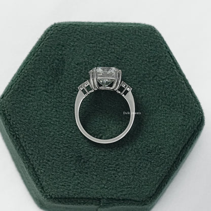 Three stone round ring with 5 carat round diamond engagement ring side view