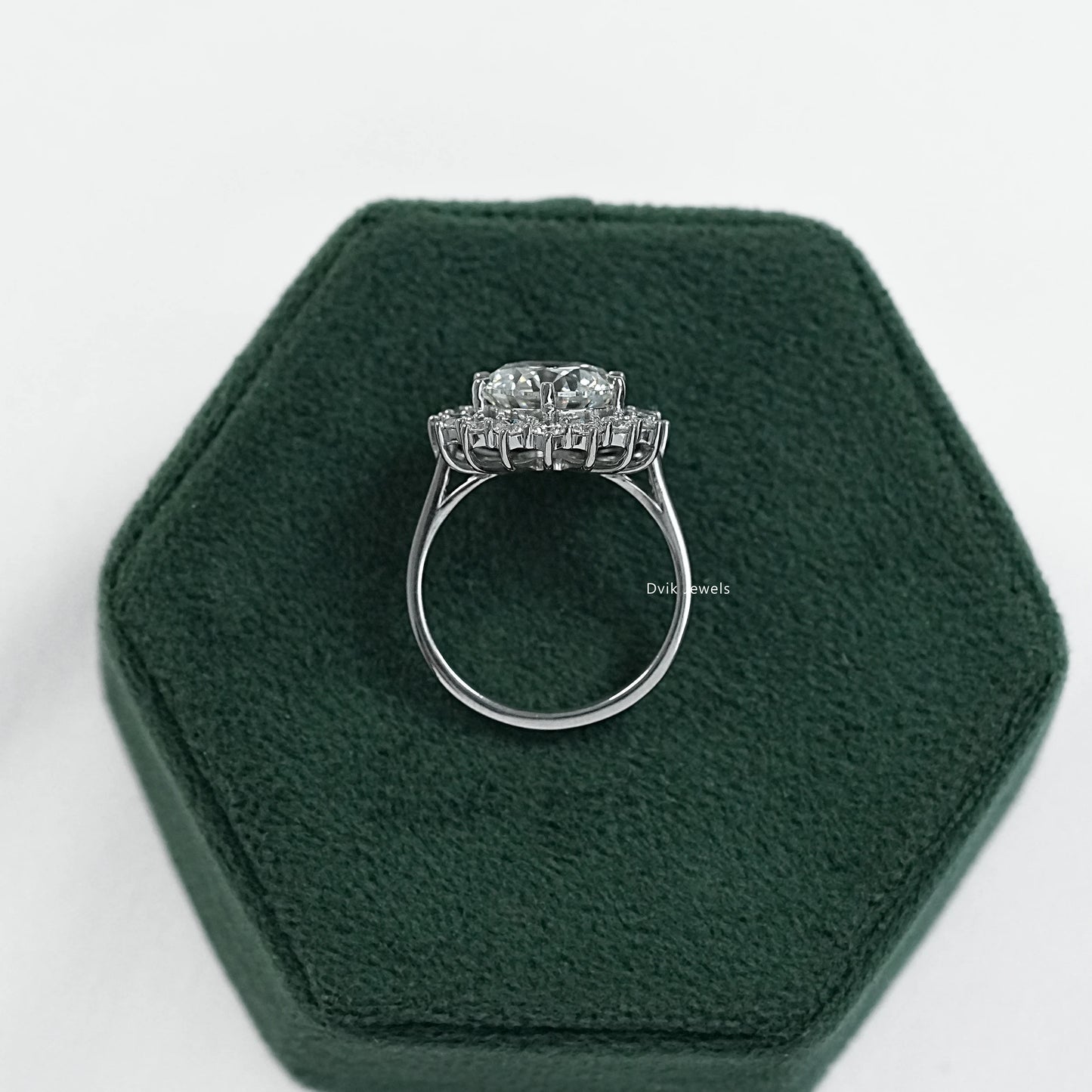 Round diamond starburst ring floral halo engagement ring side view