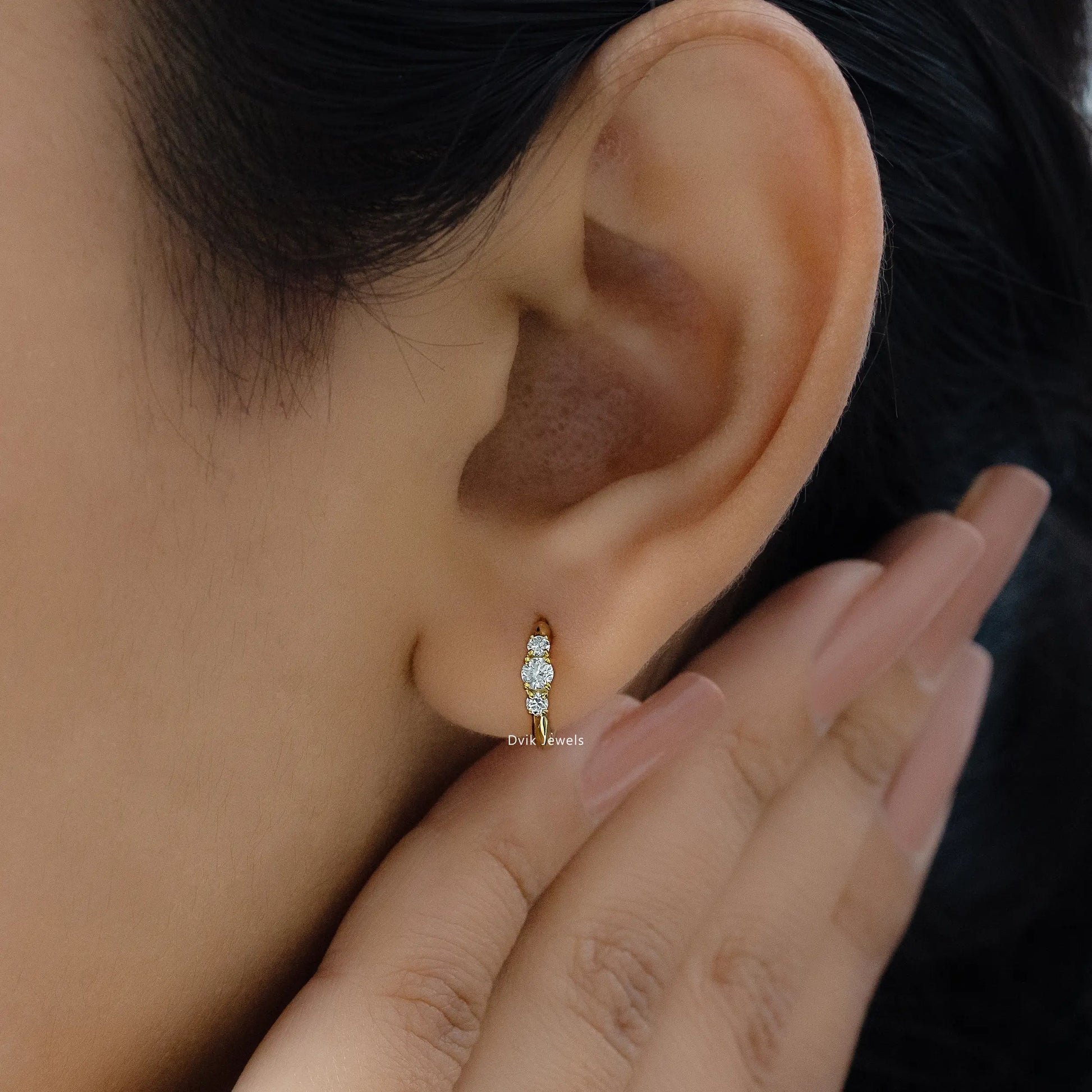 Three Stone Diamond Huggie Earrings Earrings