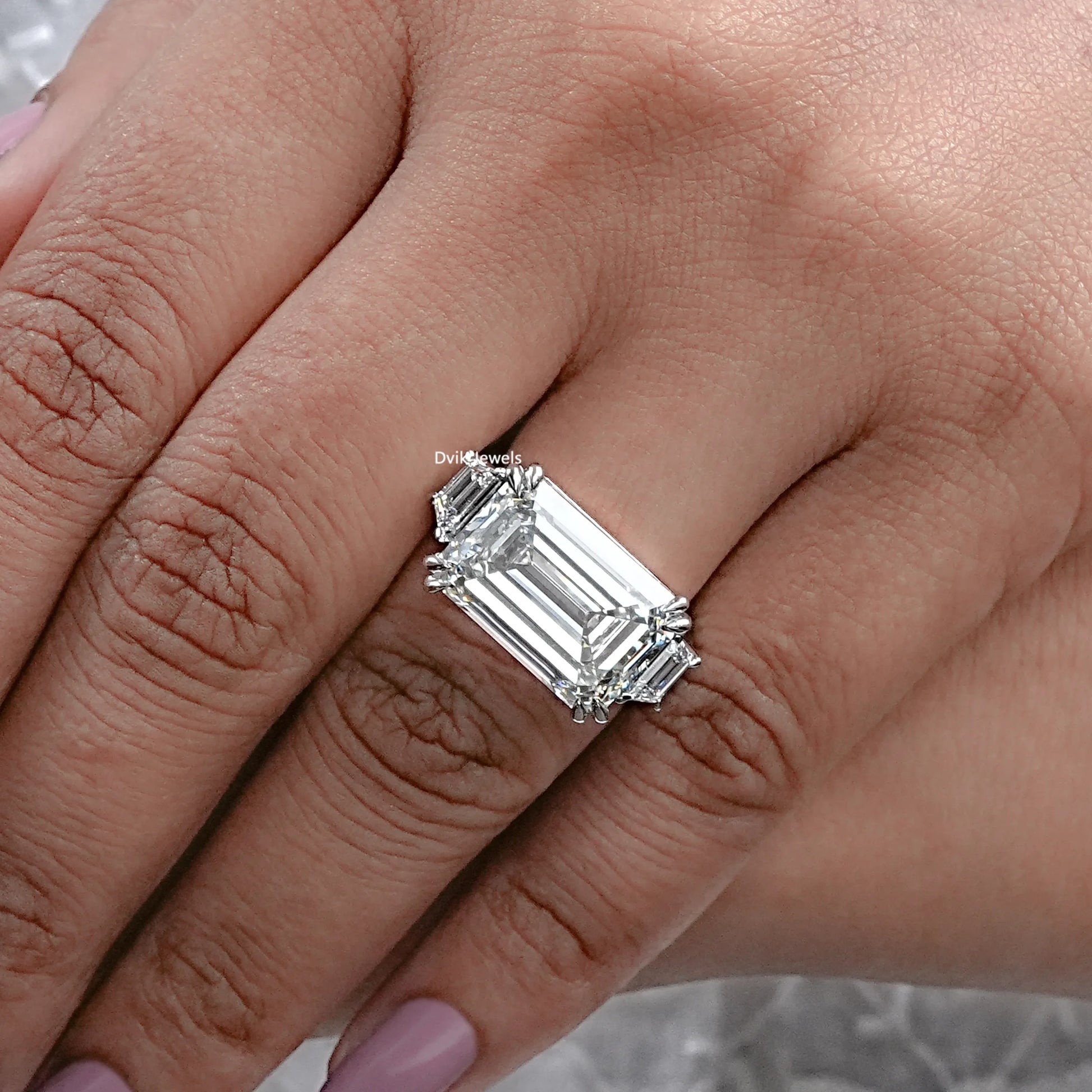 Three Stone Emerald Lab Diamond Engagement Ring