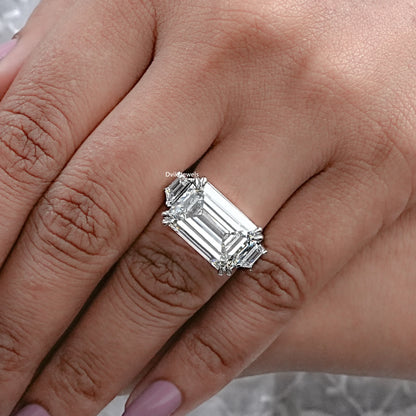 Three Stone Emerald Lab Diamond Engagement Ring