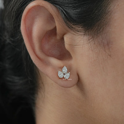 Pear Shaped Lab Diamond Three Stone Stud Earrings