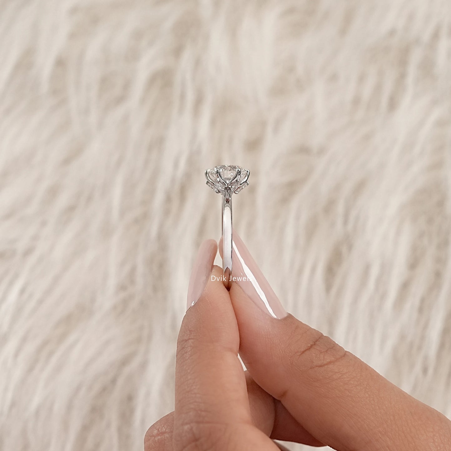 Round Cut Tulip Basket Set Engagement Ring