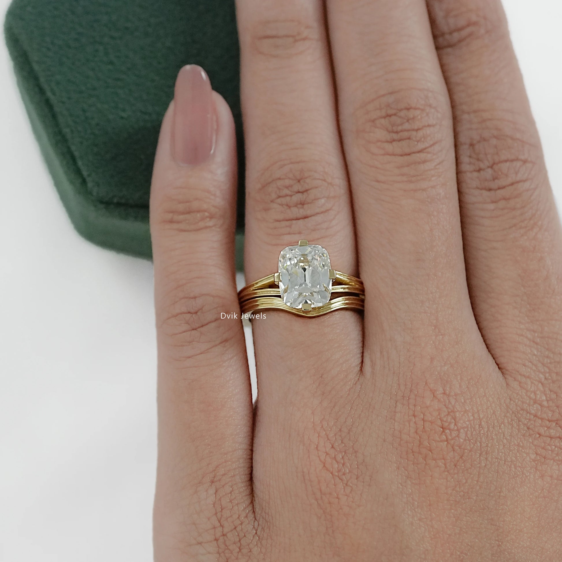IGI certified Lab Grown Diamond Cushion Cut Old Mine Multi Band Ring worn on model hand