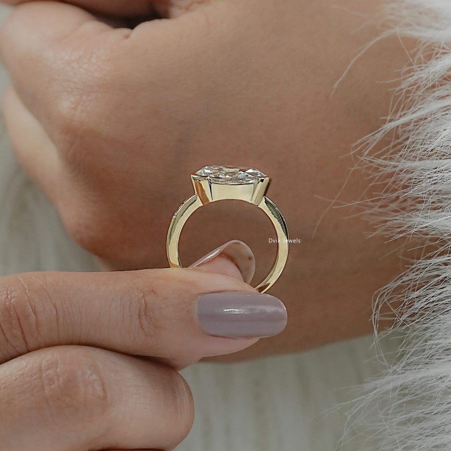 Old Mine Moval Cut Lab Diamond Solitaire Ring with Half Bezel Accent