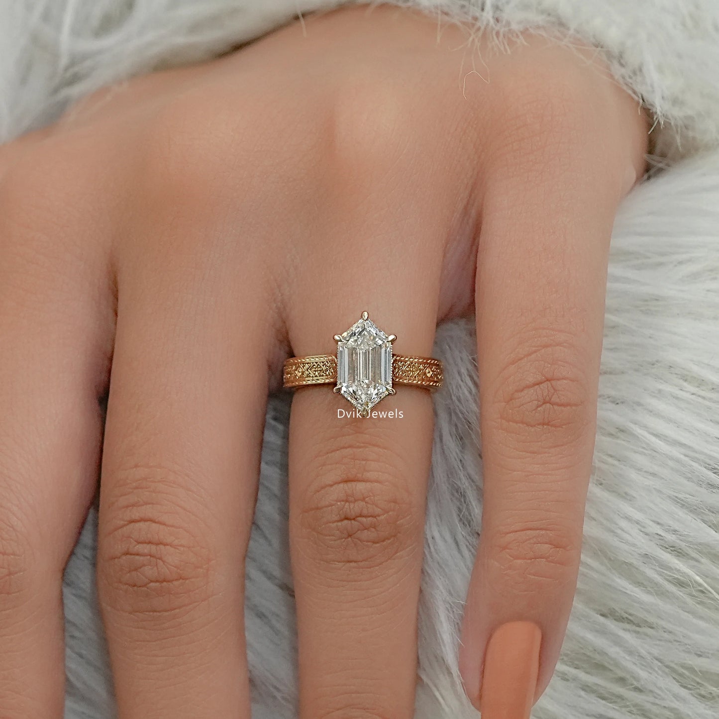 Dutch Marquise Lab Diamond Art Deco Engraved Solitaire Ring Ring