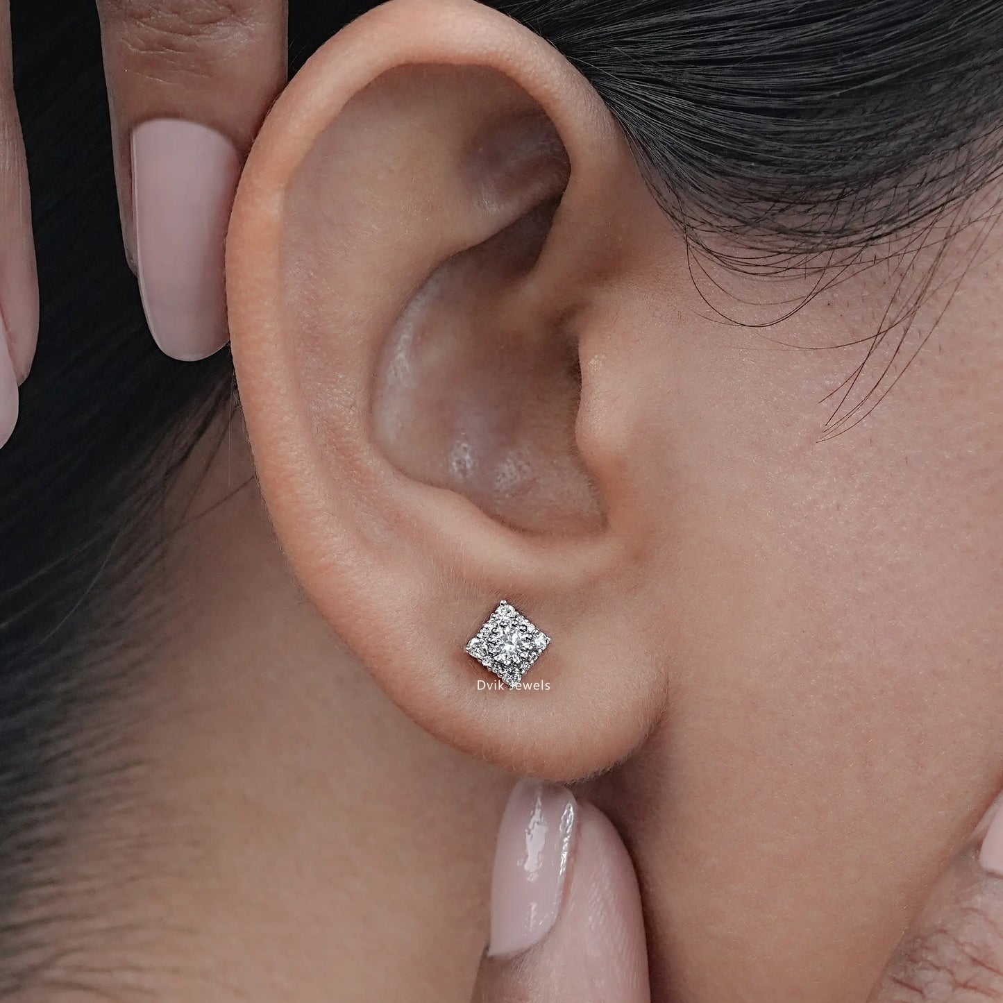 Square Shape Round Diamond Cluster Earrings