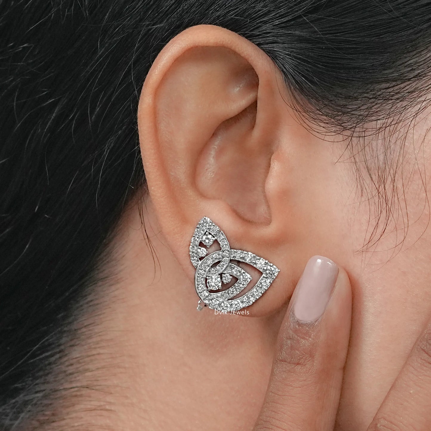 Open Pear Shape Round Diamond Cluster Set Earrings