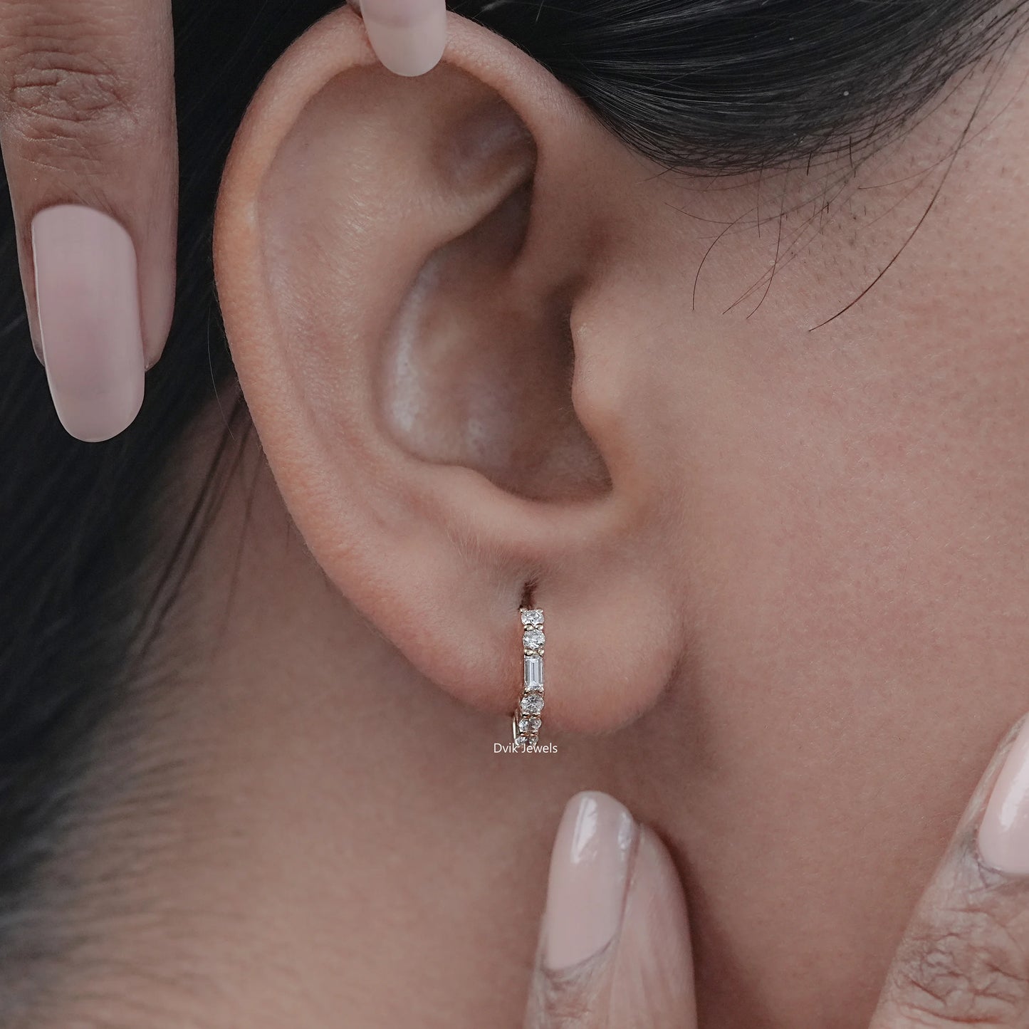 Baguette and Round Diamond Huggie Earrings