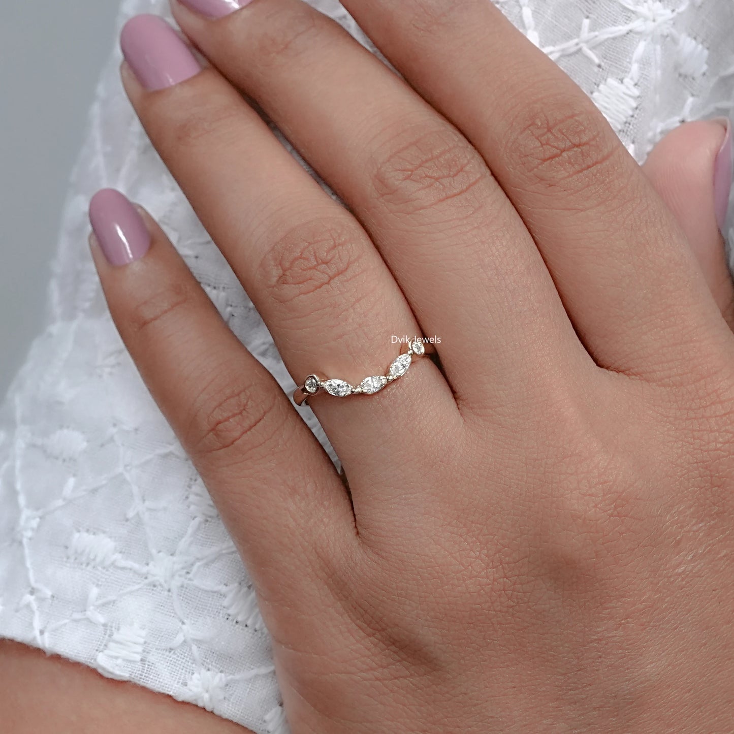 Marquise Shape Dainty Curved Wedding Band