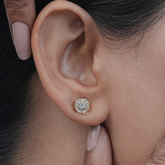 Octagon Shape Round Diamond Halo Stud