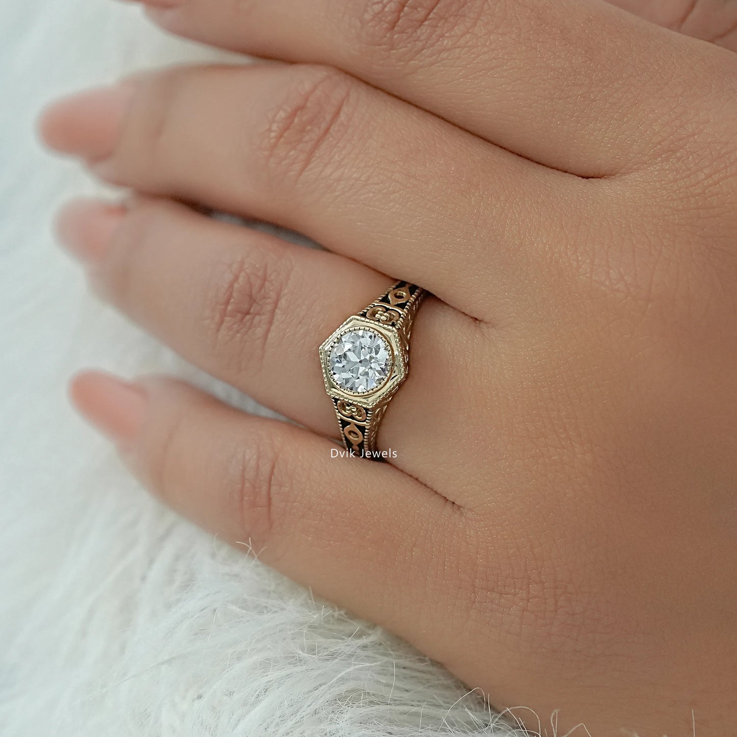 OEC Round Diamond Milgrain Bezel Ring with Filigree Band Ring