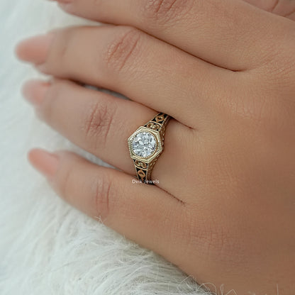 OEC Round Diamond Milgrain Bezel Ring with Filigree Band Ring