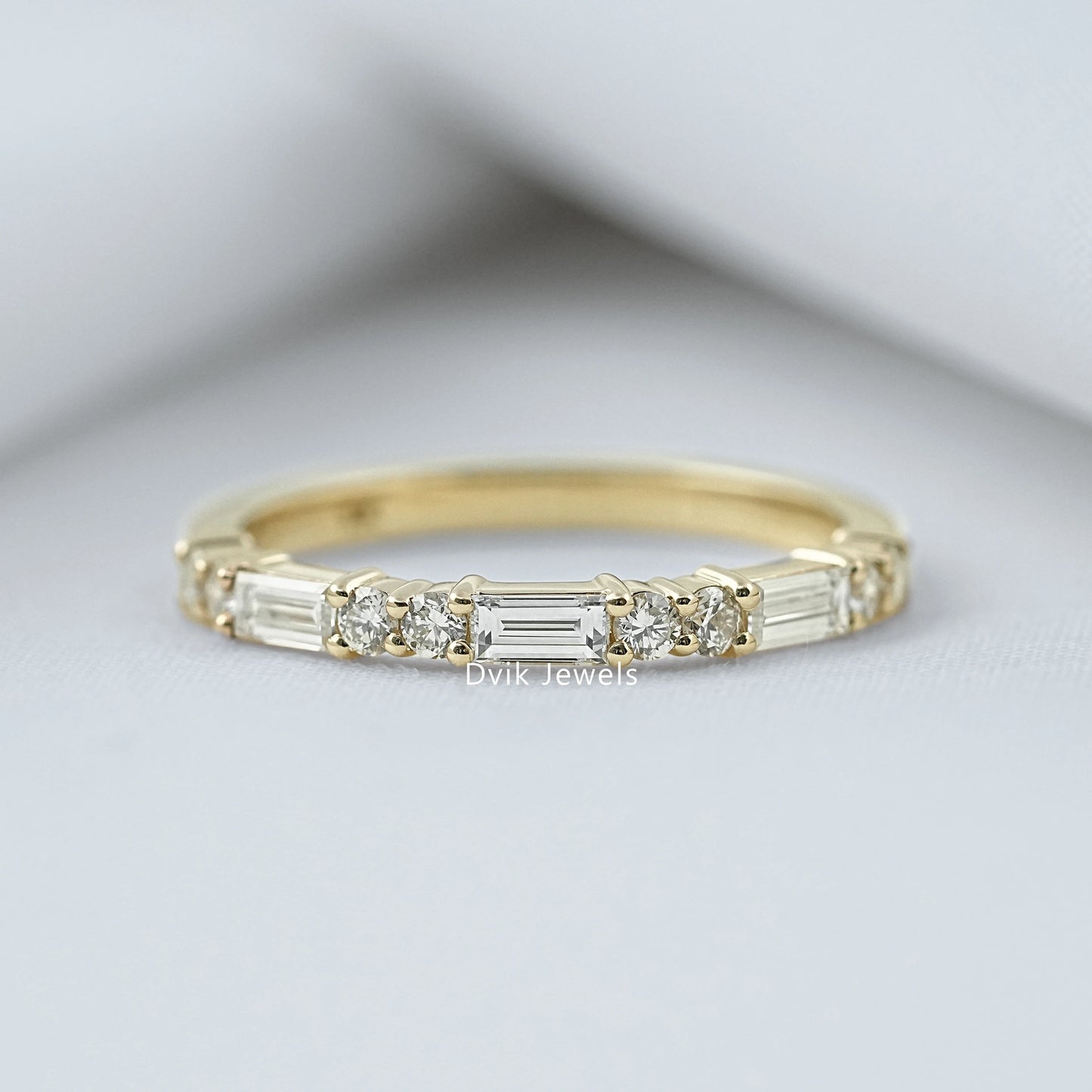 Baguette & Round Lab Diamond Half Eternity Wedding Band Ring