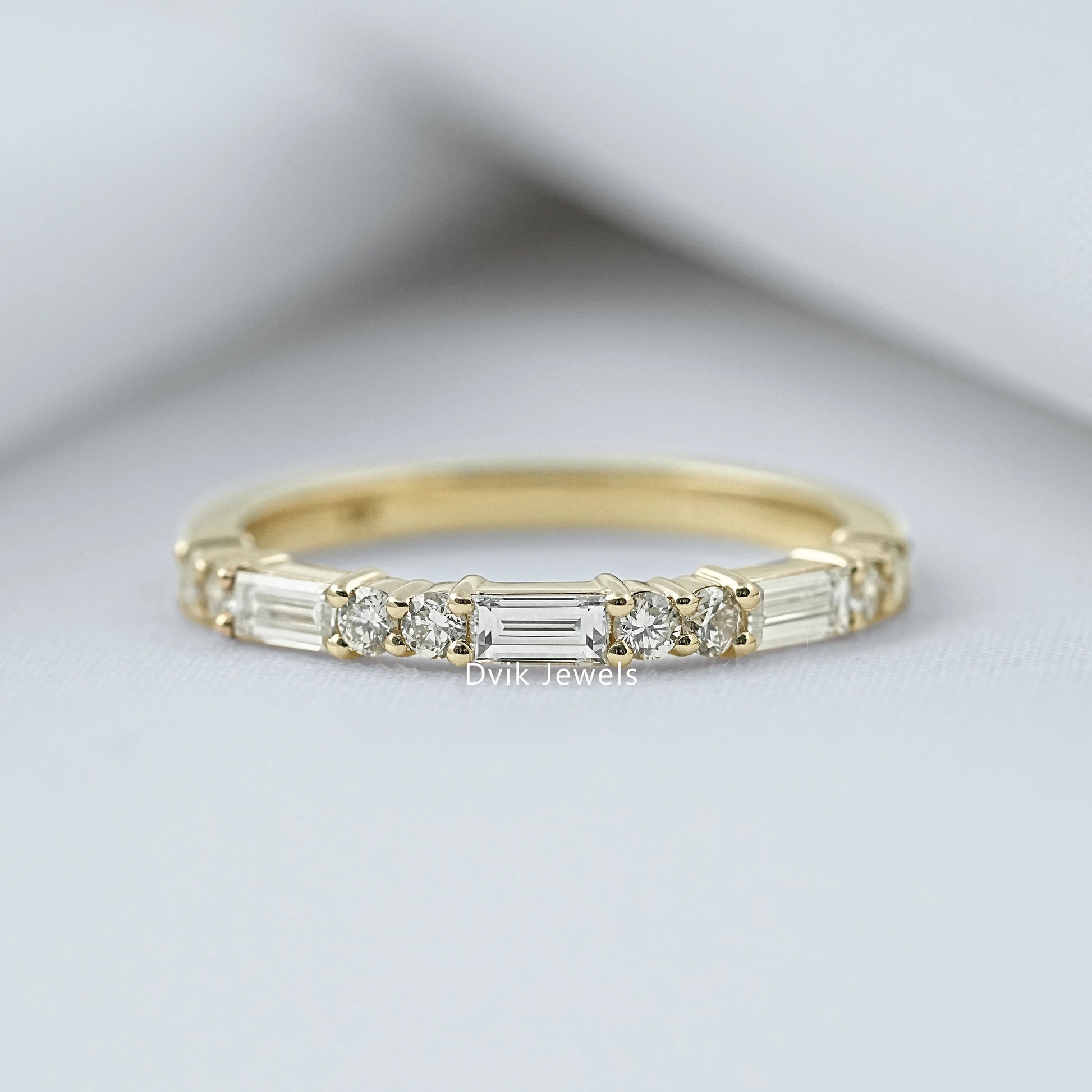 Baguette & Round Lab Diamond Half Eternity Wedding Band Ring