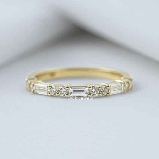 Baguette & Round Lab Diamond Half Eternity Wedding Band Ring