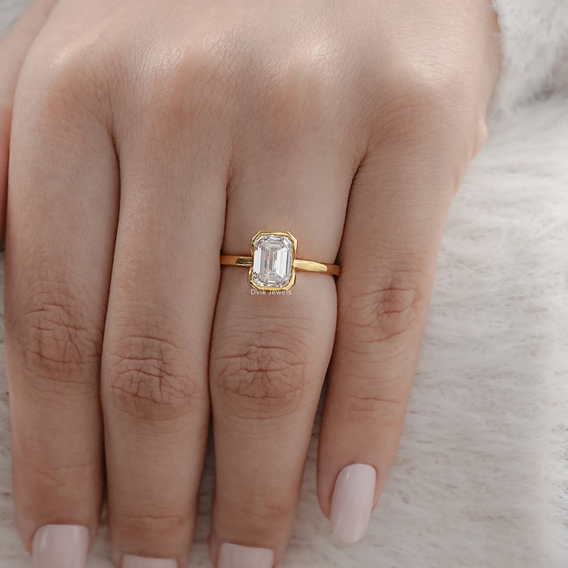 Bezel Set Emerald Cut Lab Diamond Engagement Ring Ring