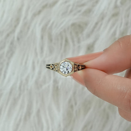 OEC Round Diamond Milgrain Bezel Ring with Filigree Band Ring