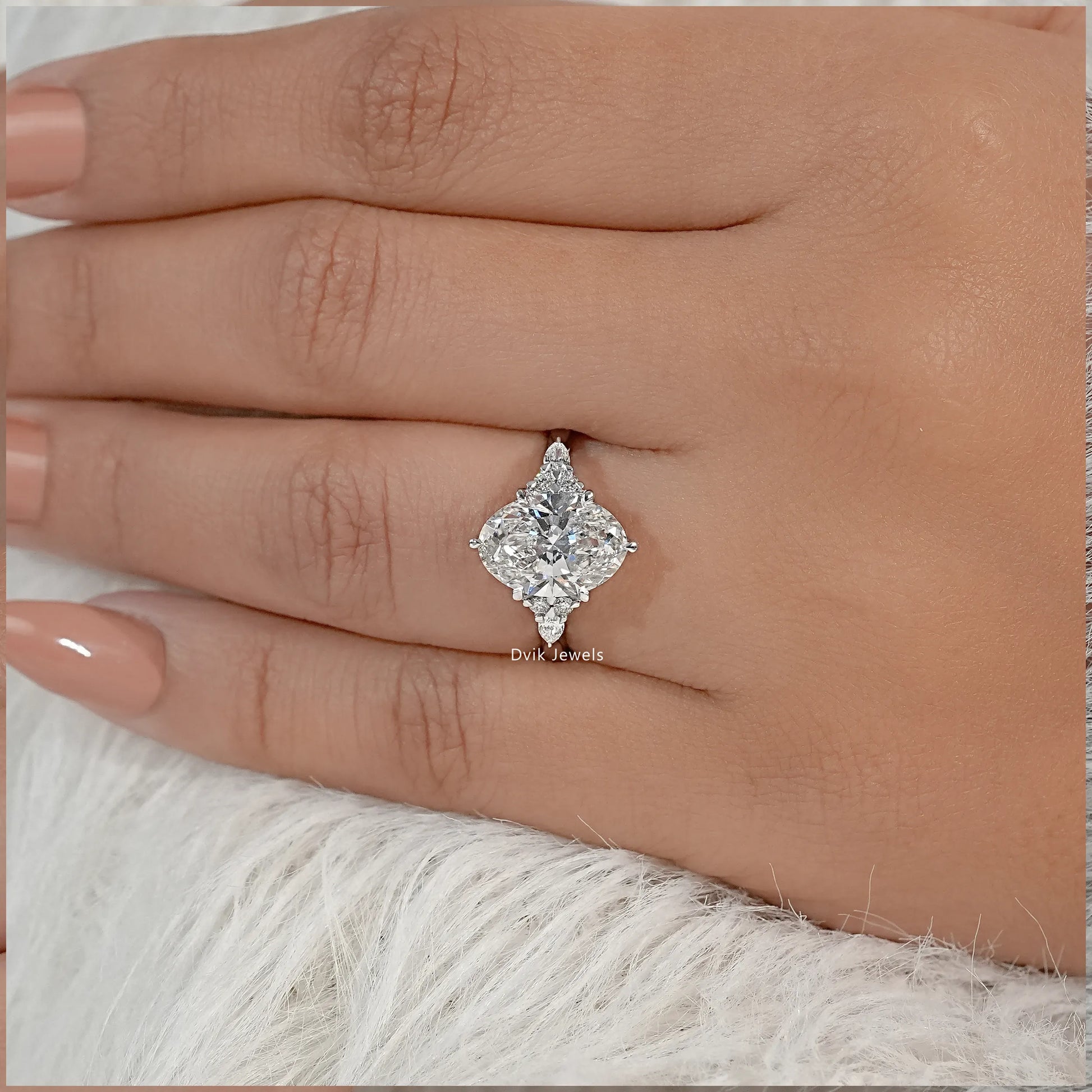 Oval Lab Diamond Three Stone Ring with Pear and Round Accents Ring